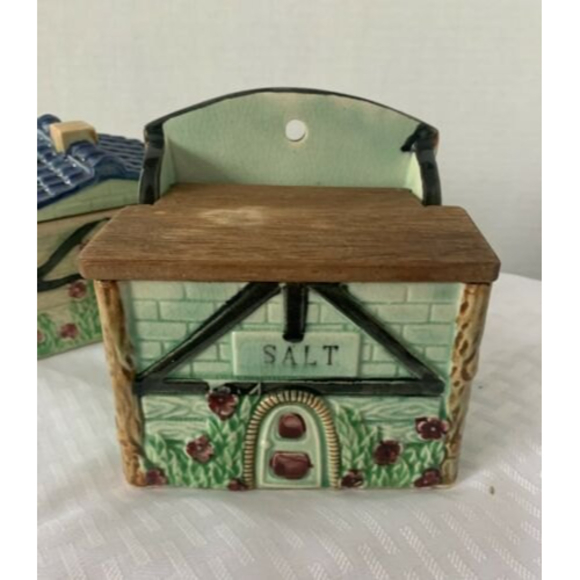 RARE Vintage Japanese ~ Green Majolica ~ Salt Box W/lid Sugar Flour pepper - Picture 7 of 12